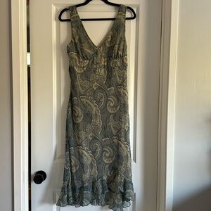 Blue and tan paisley print dress